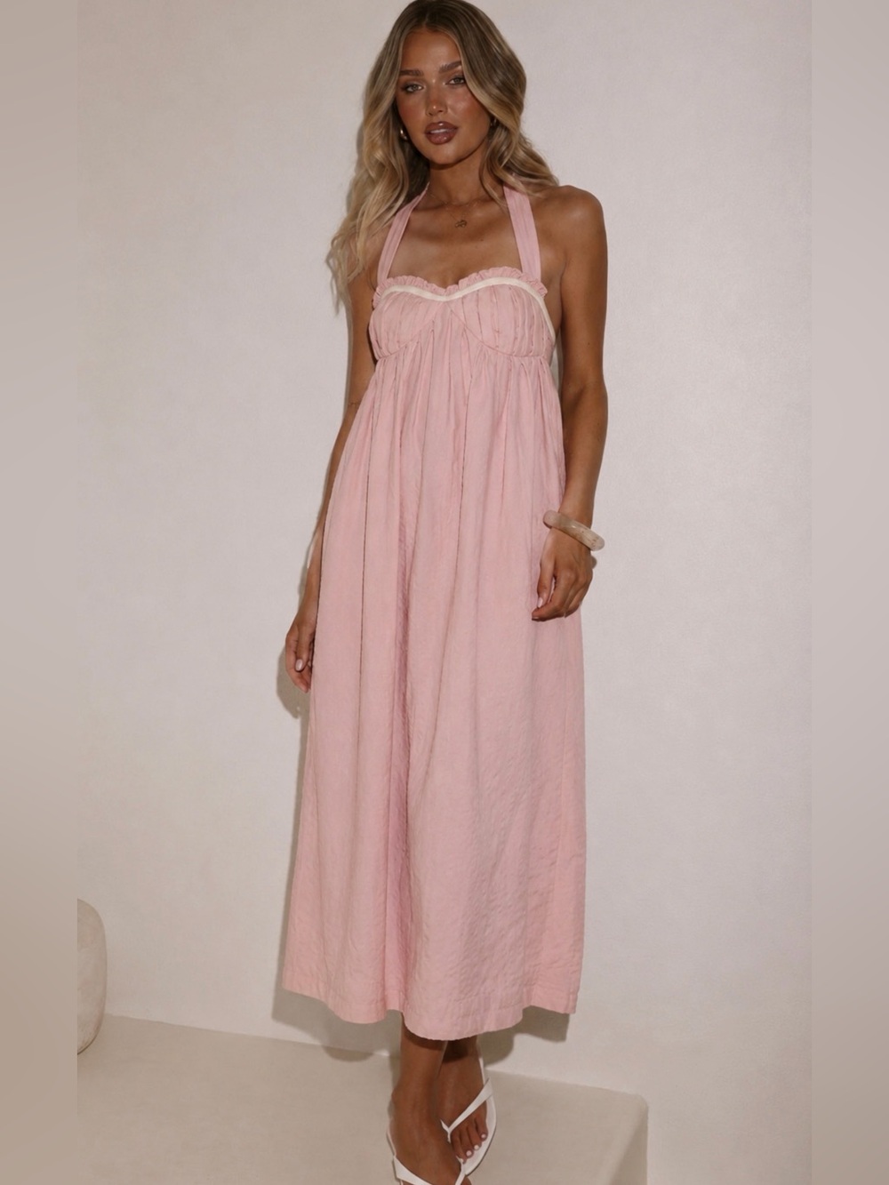 Free People Pink Halter Midi Dress 100% Cotton Open Back Small